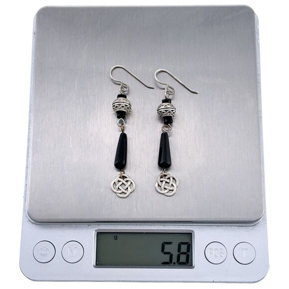 Vintage Sterling Silver 925 Black Onyx Knot Dangle French Wire Earrings - Picture 3 of 3